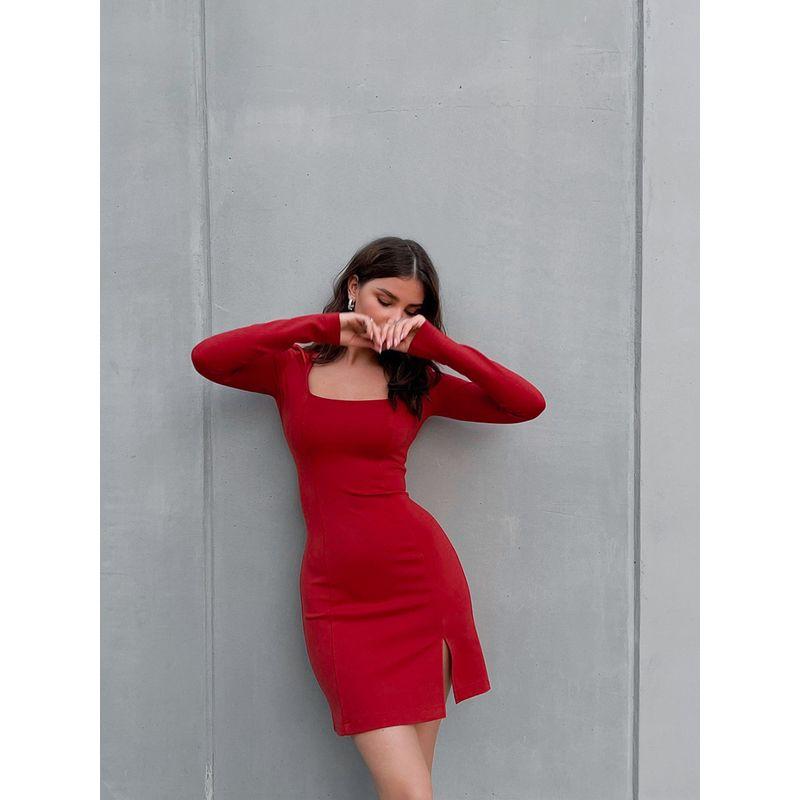 

New Arrival French Hepburn Style Fancy Square Collar Split Dress Square Neck Split Dress Red L