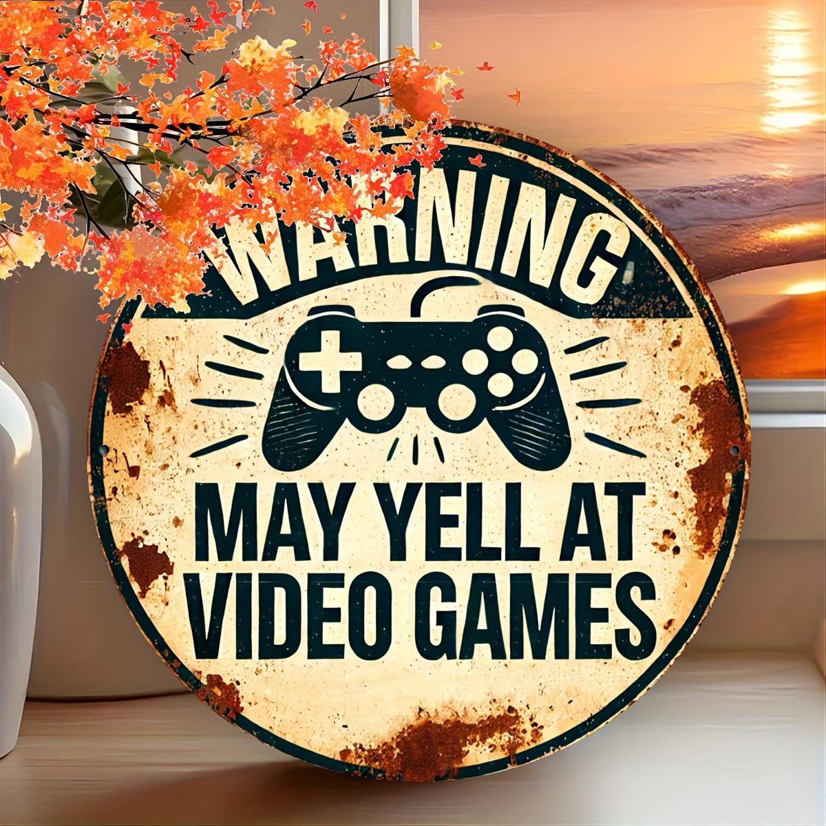 Vintage Gaming Metal Sign Warning May Yell at Video Games Iron Wall Decor Durable Indoor Outdoor Bar Cafe Home 20x20cm(8x8inch)