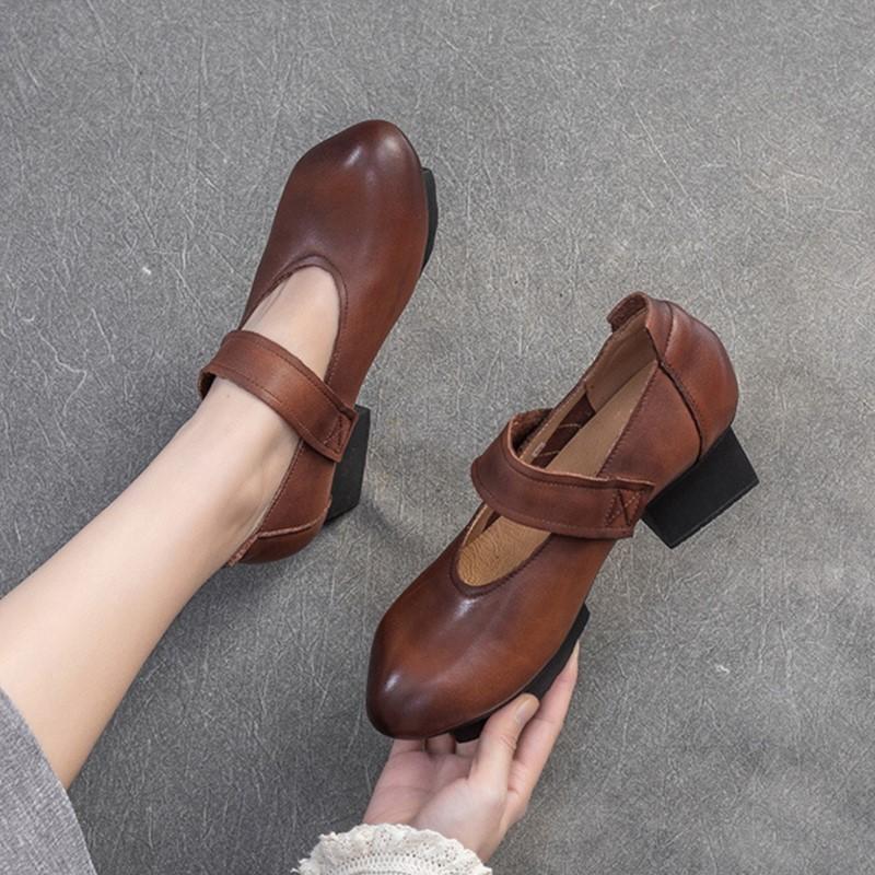 Johnature Allsidige pumps Ekte skinn Hæler Retro Rund tå Grunne Damesko