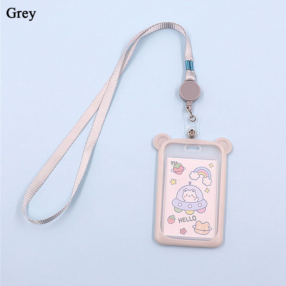 1PC Cartoon Bear Card Holder Bank Identity Bus ID Card Sleeve Case with Retractable Reel Lanyard Plastic Silicone Credit Cover