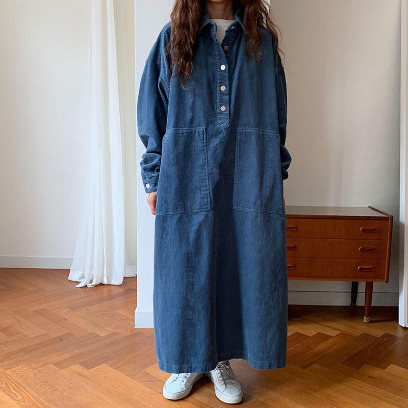 LYRIA Long Dress Women Dresses Turn Down Collar Corduroy A Line Vestidos Maxi Mom Jeans Streetwear Casual Loose Y2k Dress