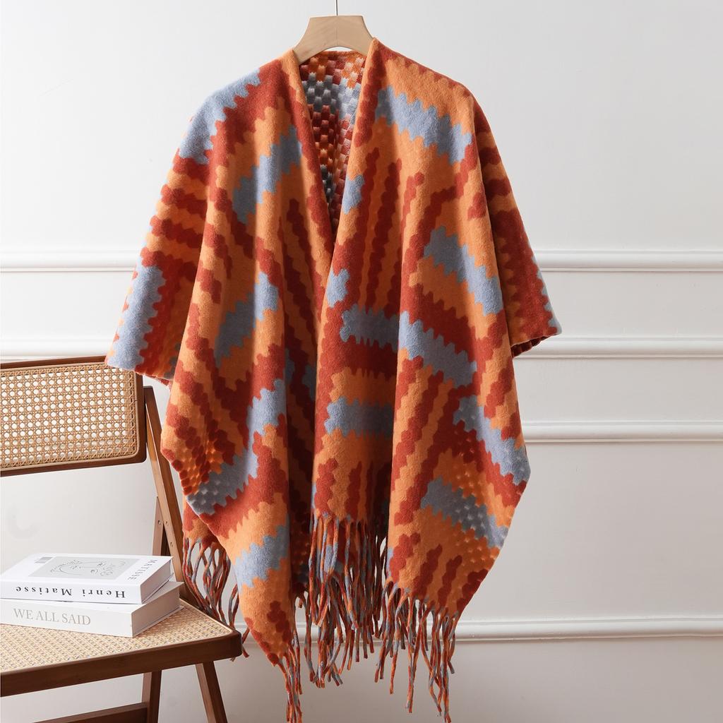 Women Long Ethnic Style Tassel Double Sided Warm Travel Shawl Cape
