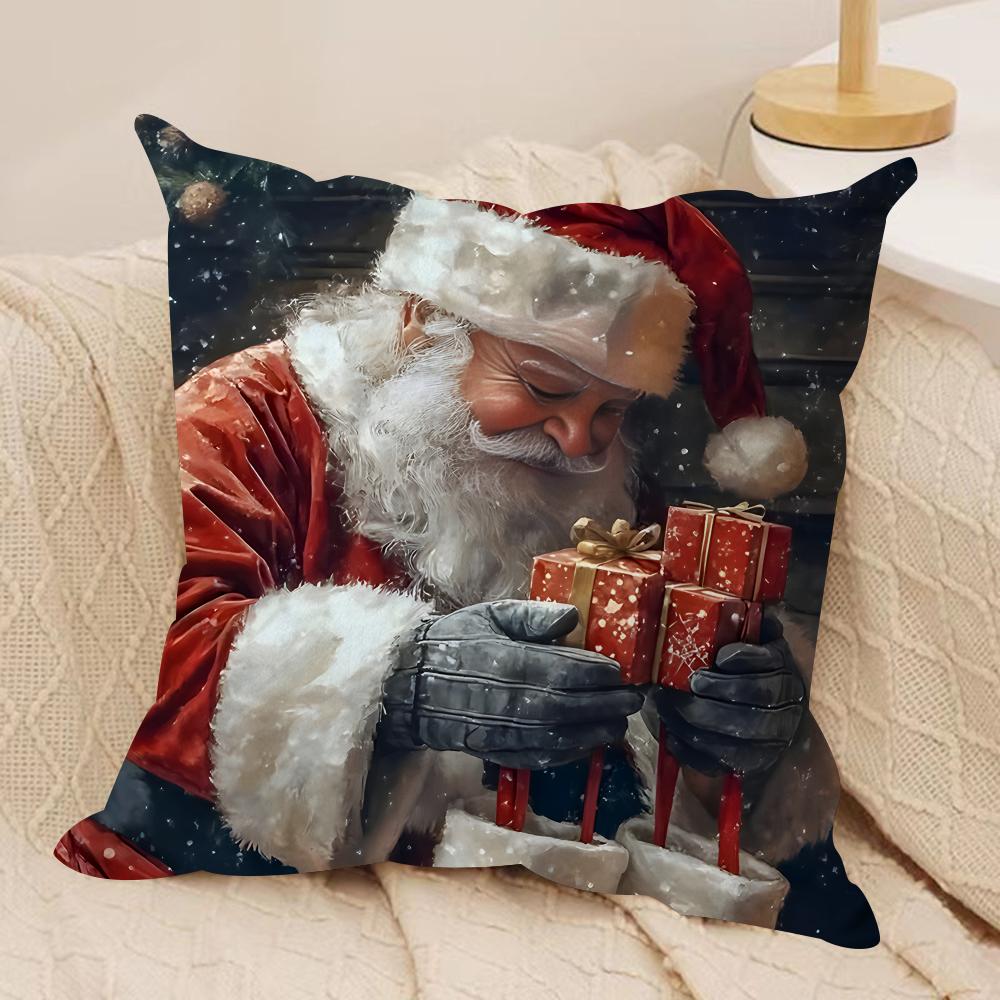 Santa Claus Christmas Cushion Cover Silky Short Plush Invisible Zipper Dustproof Sofa Pillow Case For Home Decor