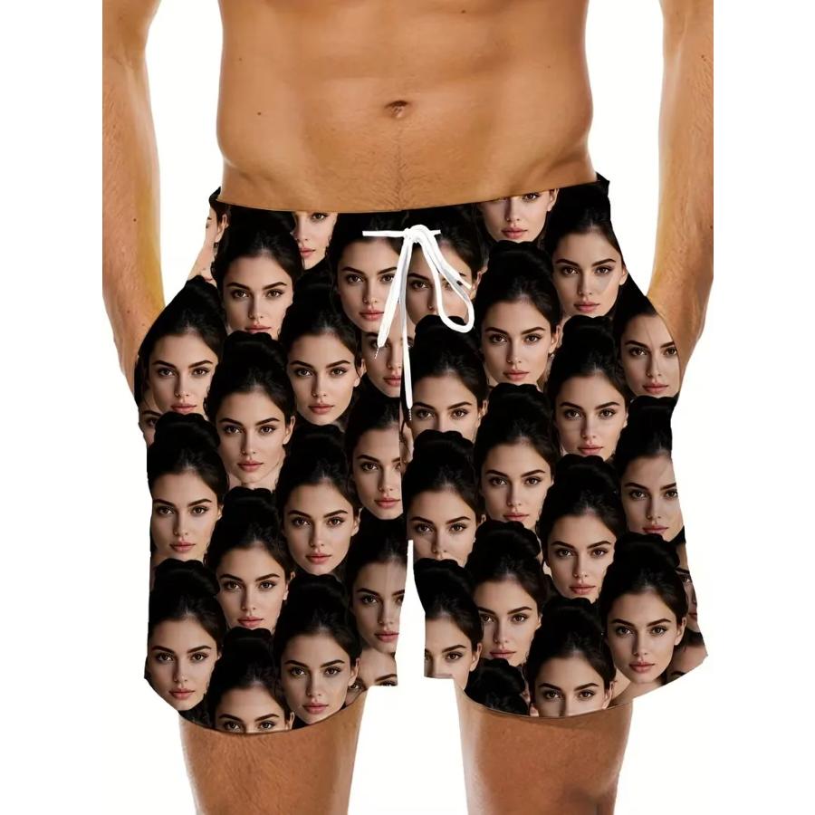 Custom Face Beach Shorts For Men 3D Digital Print Surfing Hawaiian Shorts Quick-Drying Lightweight Comfortable Swim Trunks
