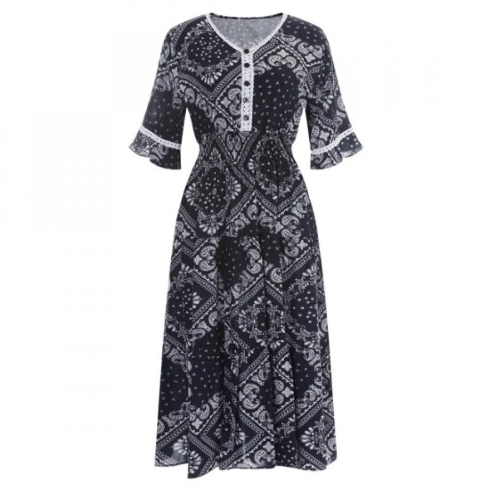 Shop Women S paiSley V Neck Smock elaStic SleeVe Long dreSS naVy Pic Wdr 12068