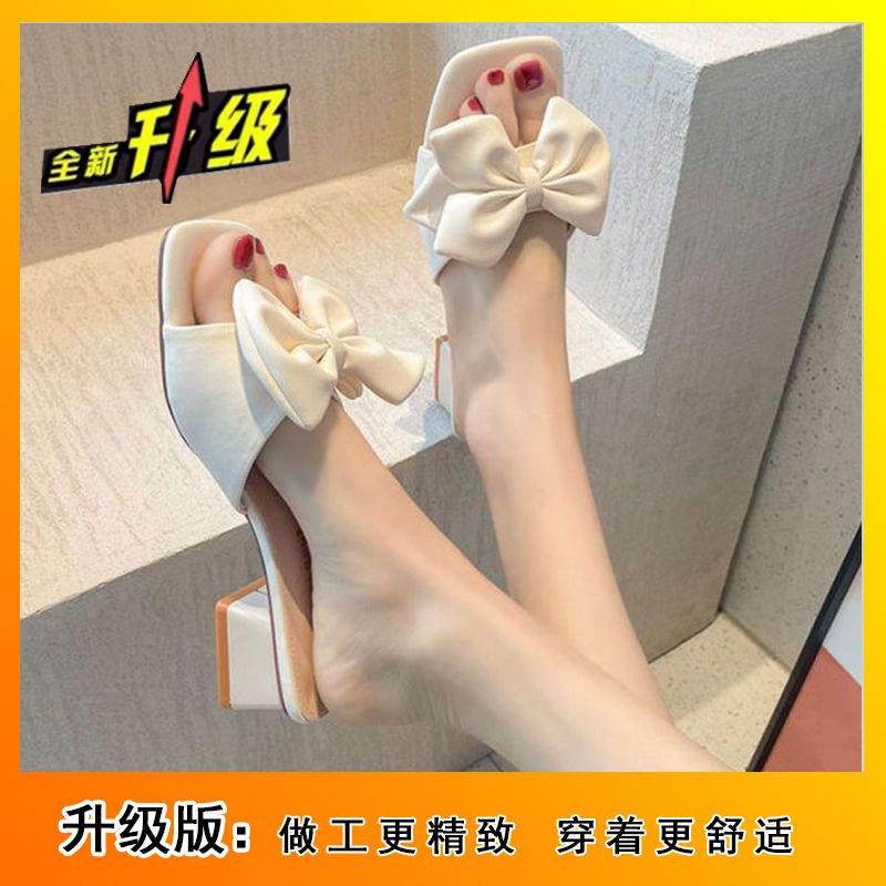 

Bow Internet celebrity one word cool slippers women 2024 new extranet red summer explosion versatile fashion heightening low heel 34