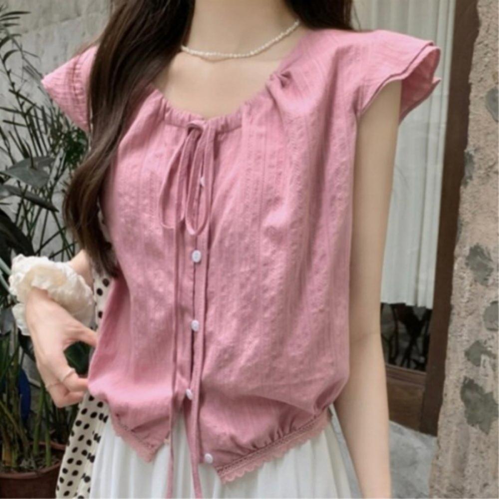 New Arrivals Open Run Women Ruffle Cap Sleeve Shirring Blouse