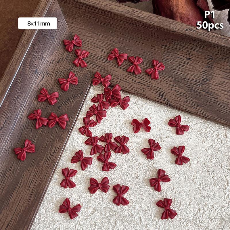 50Pcs Wine Red Resin Bow Nail Charm Bulk Mix Size 3D Ribbon Bowkont Mini Kawaii Nail Art Accessories Diy Cute Nails Decorations