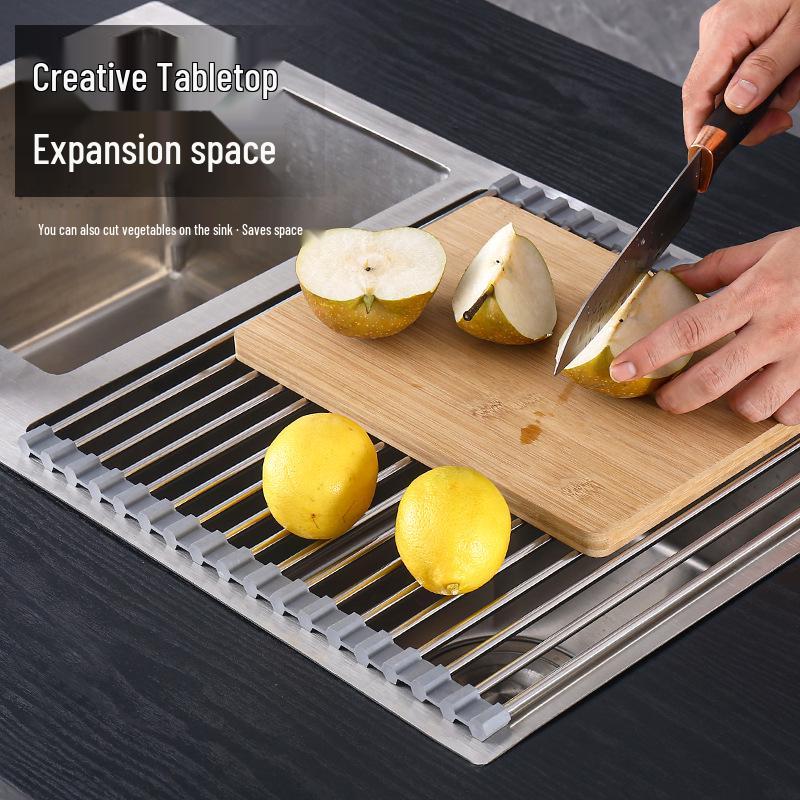 Foldable Stainless Steel Sink Drainer Rack & Roll-Up Dish Mat