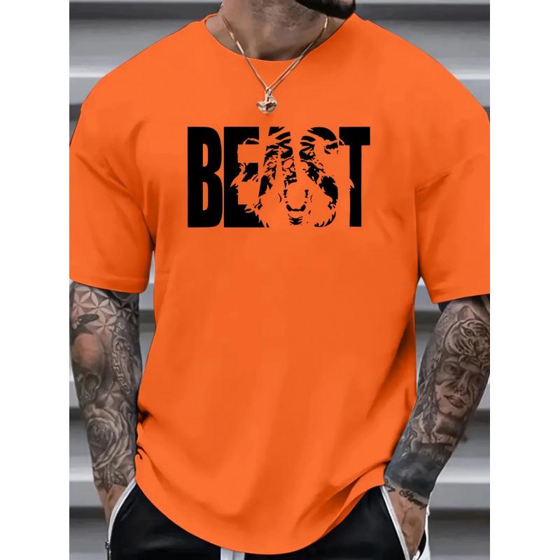 Men Fashion Crew Neck Short Sleeve BEAST Letter Print Cotton T Shirt Top