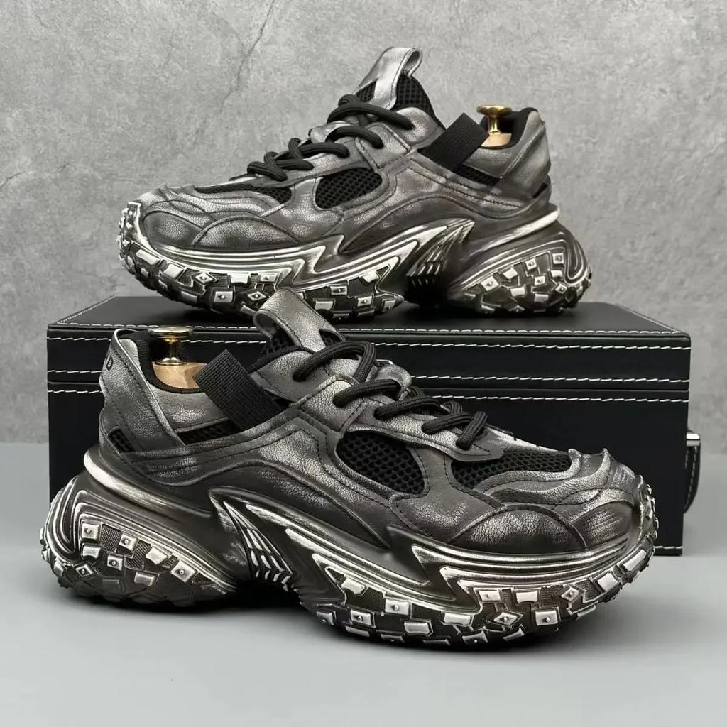Chunky Sneakers Men Designer Tire Bottom Sport Shoes Fashion Casual Leather Mesh Breathable Height Increased Flat Platform Shoes