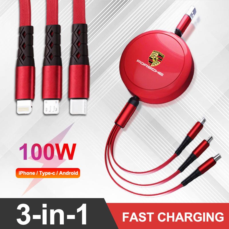 Car 3 in 1 USB Cable Type C Micro USB Fast Charging Cable For Porsche Cayenne Panamera Macan 911 Taycan Boxster Cayman 918Pajun