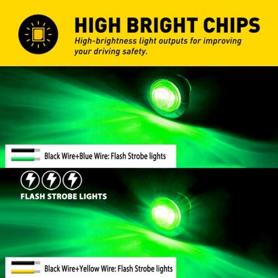 10X 3/4" Strobe+Steady Marker Lights Dual Function Green LED 12V 24V Warning
