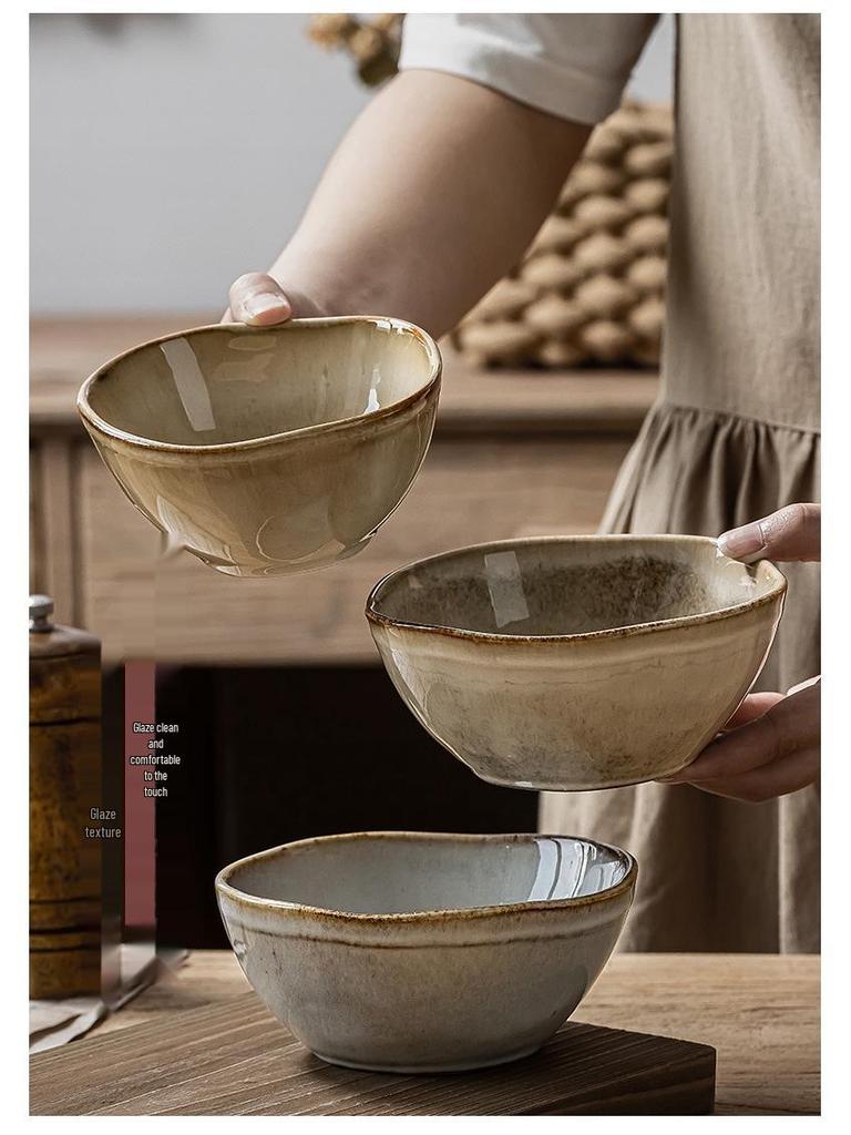 Japanese Retro Ceramic Irregular-Shape Bowl with Kiln-Changed Glaze - Ideal for Rice, Congee, or Noodles