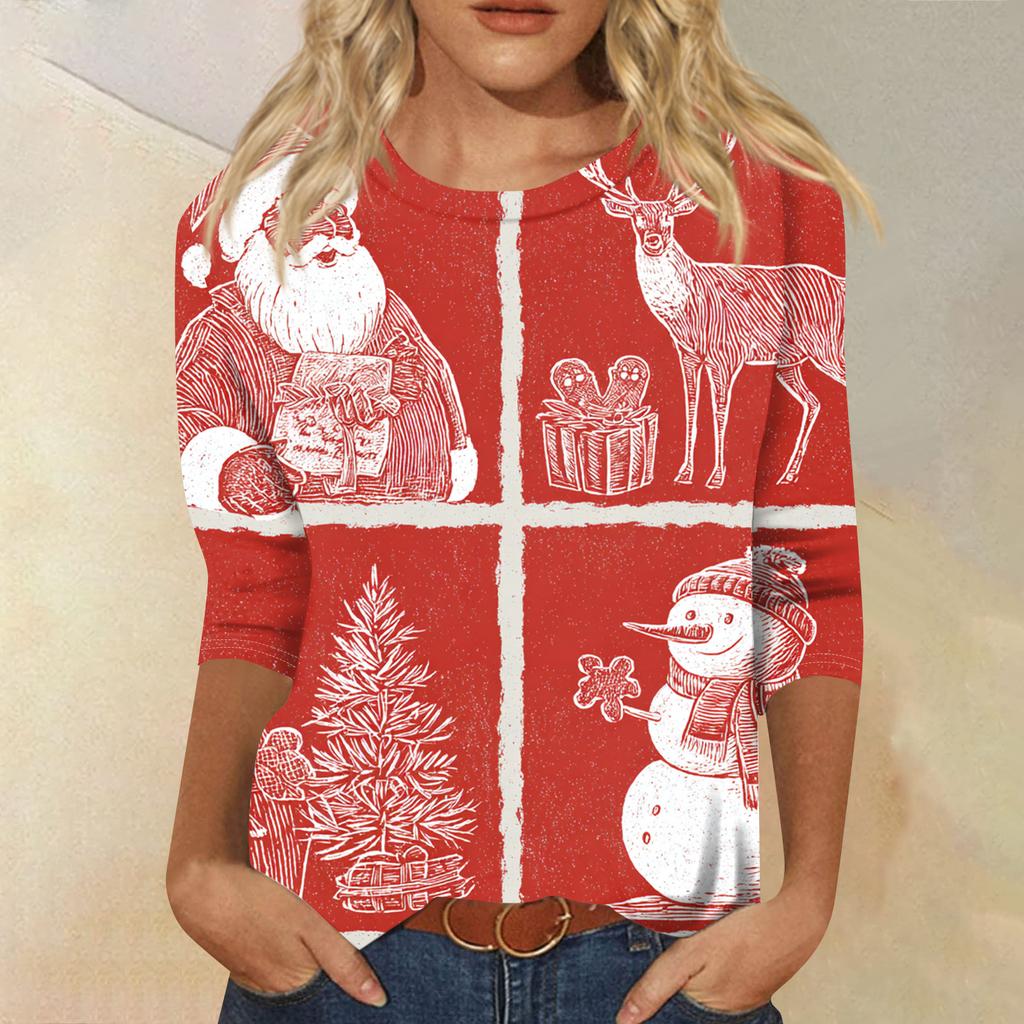 Lässiges Damen-T-Shirt mit Rundhalsausschnitt, Dreiviertelärmeln und Weihnachtsmotiv