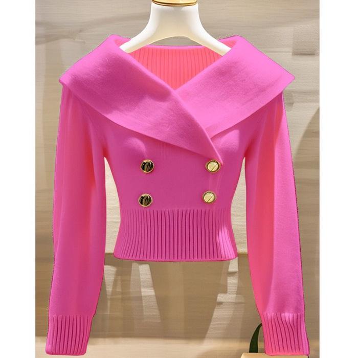 2026 Autumn/Winter French Chic White Lapel Knitwear: Women's Elegant, Waist-Cinched Slimming Sweater.