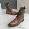 Retro Designer High Tops Men Lace-up Cowboy Boots Luxury Pointed Toe Biker Boots Man Leather Motorcycle Shoes