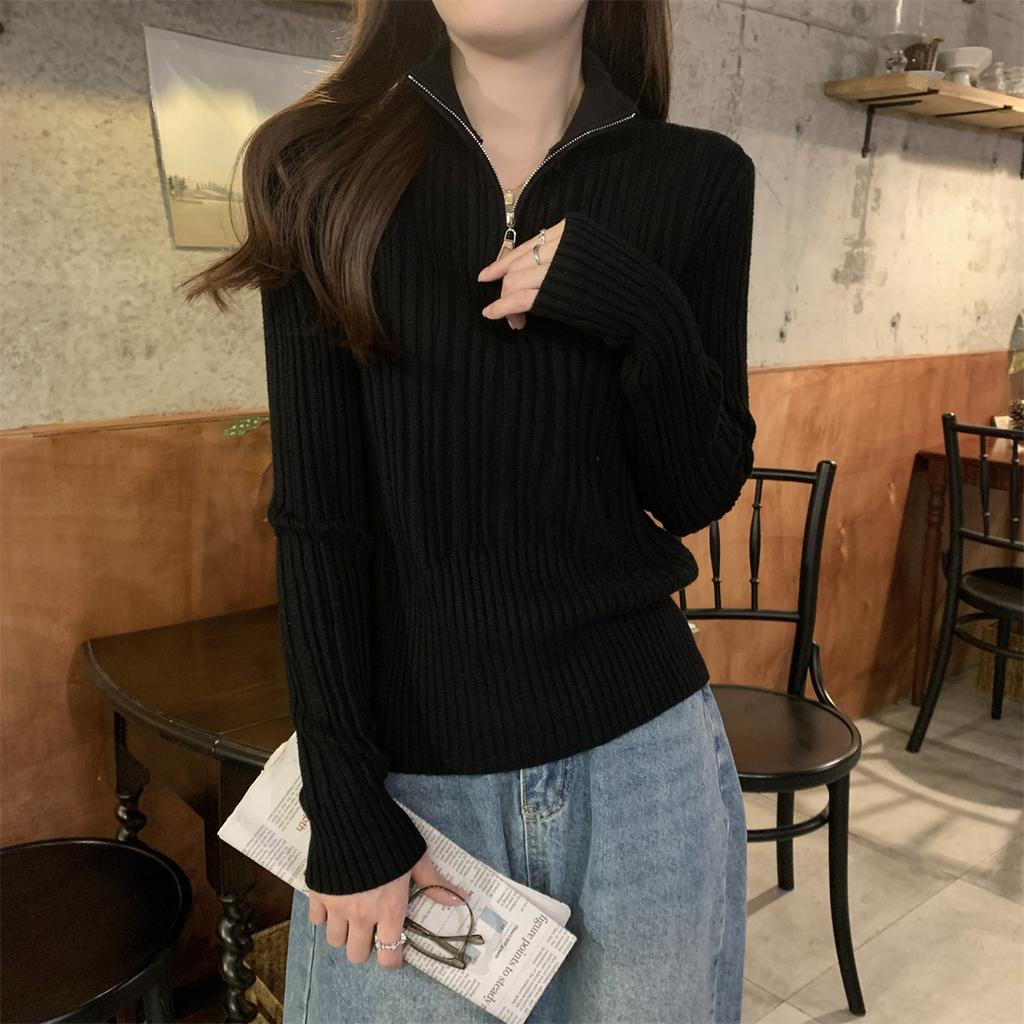 Spring Korean Elegant Zip Neck Ribbed Slim Versatile Knit Top Long Sleeve Base Layer Women Fashion