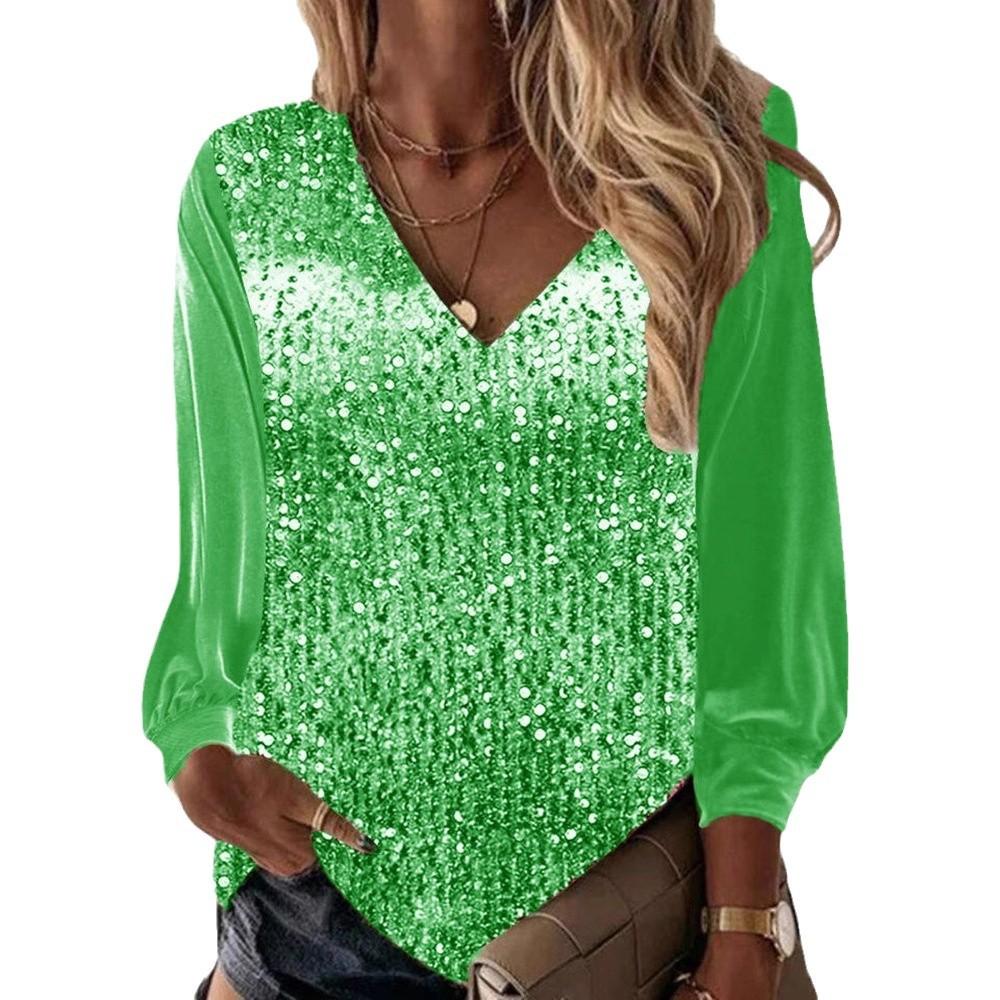 Ladies Spring Autumn Long Sleeve V Neck Loose Sequins Pullover T Shirt Top
