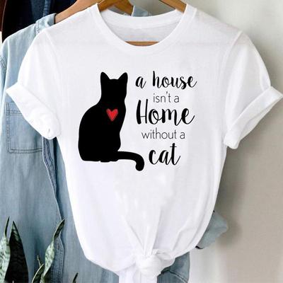 Cat Cartoon Lovely Cute 90s Style Women Summer Fashion Print Tee Top Tshirt Short Sleeve Lady Female Clothing Casual Graphic T-shirt