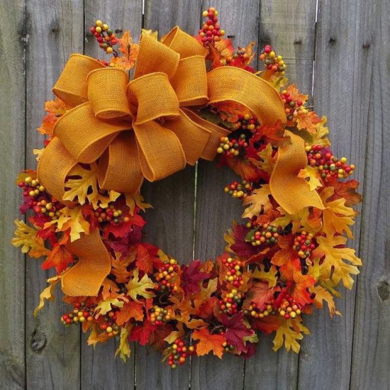 Harvest Wreath With Pumpkins Berries Vine Circle Halloween Thanksgiving Door Decor