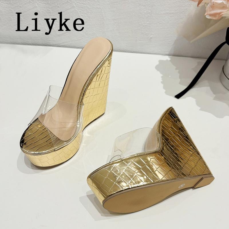Fashion Liyke Women Sexy Super High Wedges Slippers Platform Sandals Fashion Open Toe Gold Heels PVC Transparent Shoes Zapatos Mujer