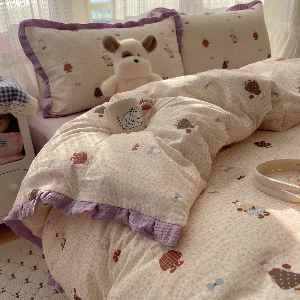 G5Z Ruffle Edge Washed Cotton 4-Piece Duvet Cover Set - Super Soft for Dorms & All Seasons