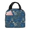 Vintage Blue Rose Pattern Insulated Lunch Bag for Women Kids Portable Food Boxes Thermal Lunch Box Tote