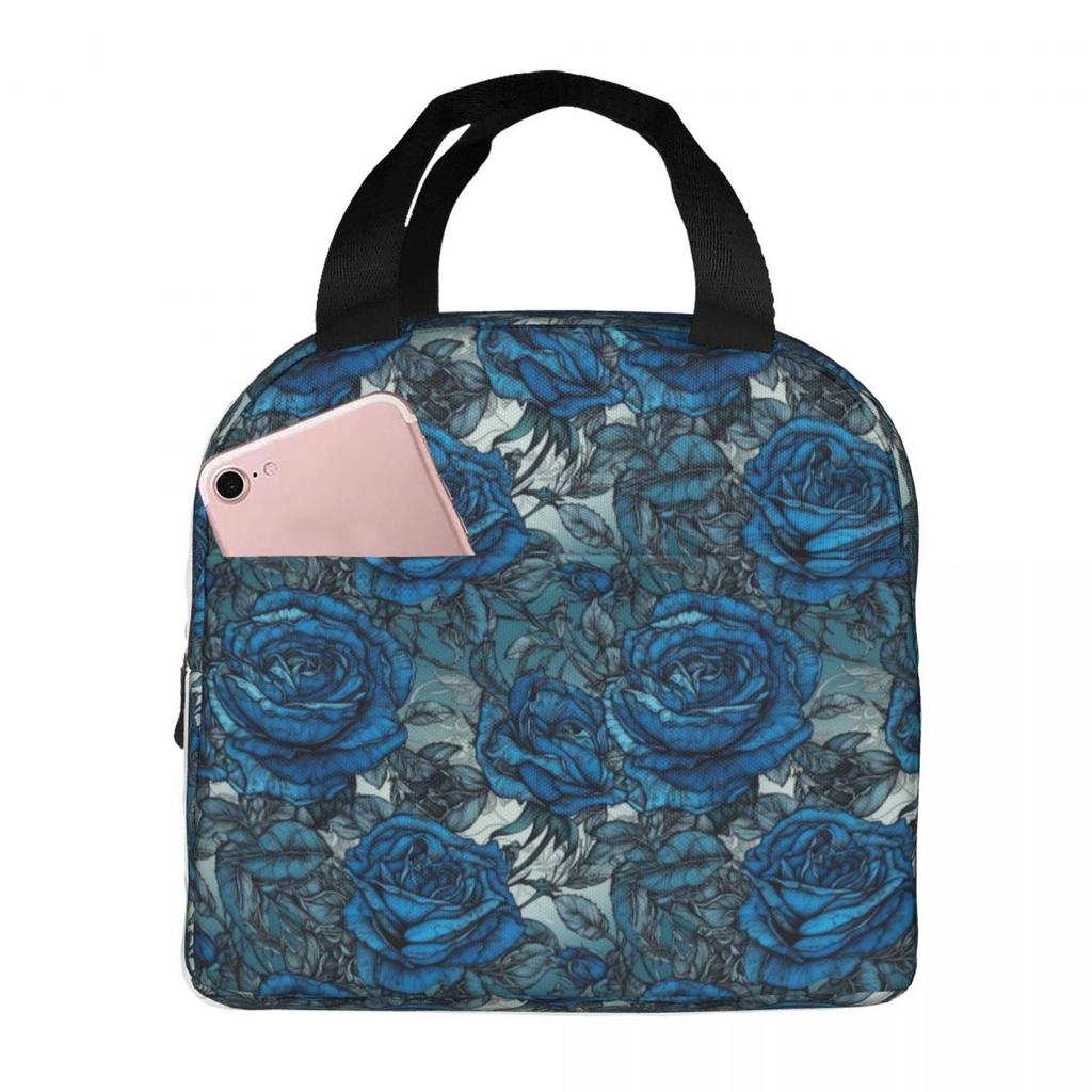 Vintage Blue Rose Pattern Insulated Lunch Bag for Women Kids Portable Food Boxes Thermal Lunch Box Tote
