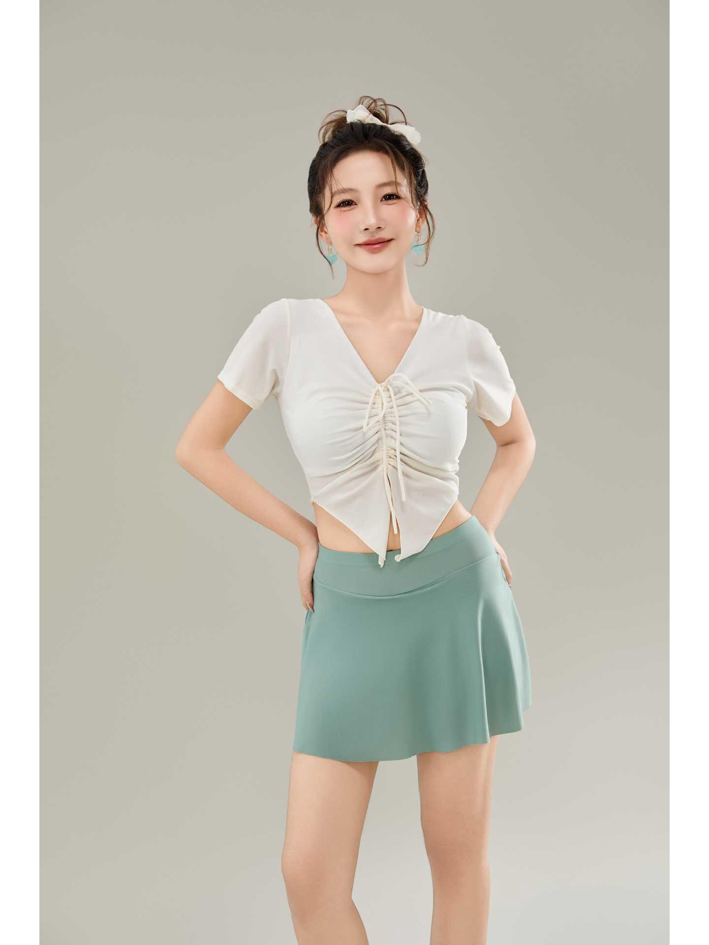 

Женский раздельный модный купальник с юбкой на завязках - Консервативный стройнящий стиль скрывает живот XL (110-120 kg) зелёный