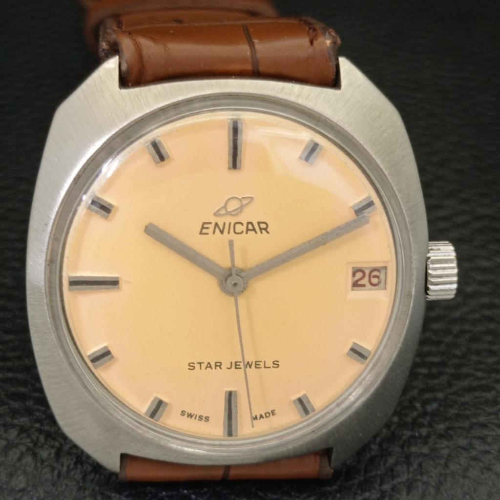 VINTAGE ENICAR STAR JEWELS HAND-WINDING SWISS MENS BEIGE DIAL WATCH A700137-5 R201-a700137