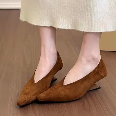 Suede Slip-on Special Heel Single Retro Pointed Toe Deep Mouth Soft Sole Non-Slip Kitten Heels