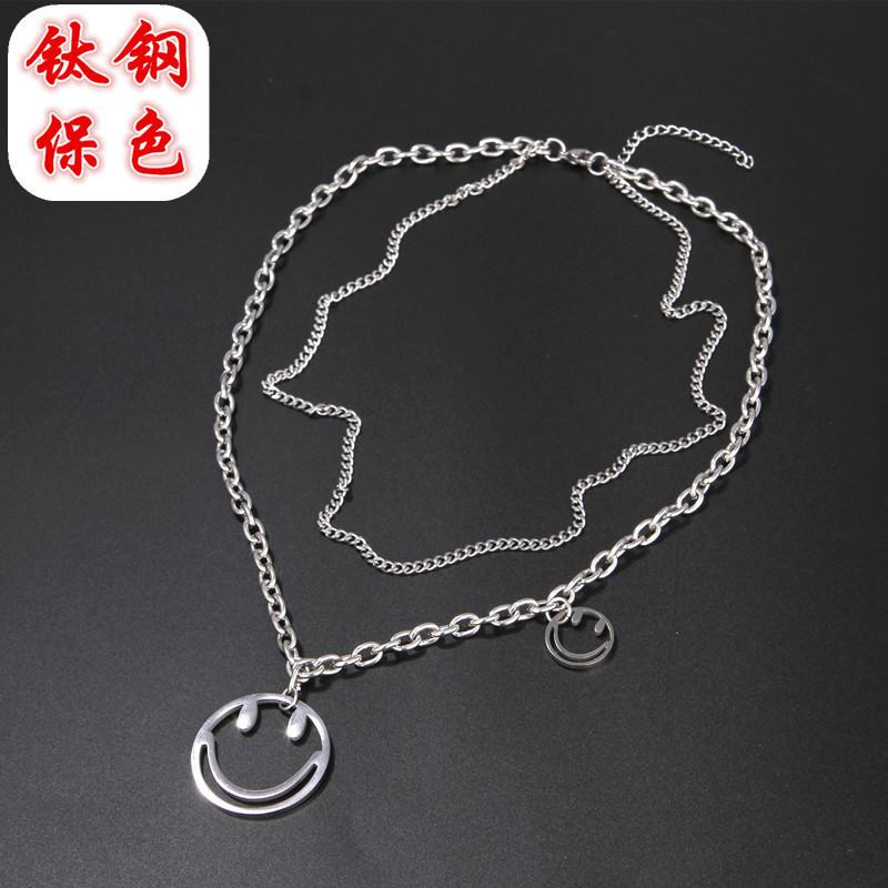 Titanium Steel Smiley Face Necklace Female Hip Hop Double Pendant Collarbone Chain Sweater Chain Neck Chain Item