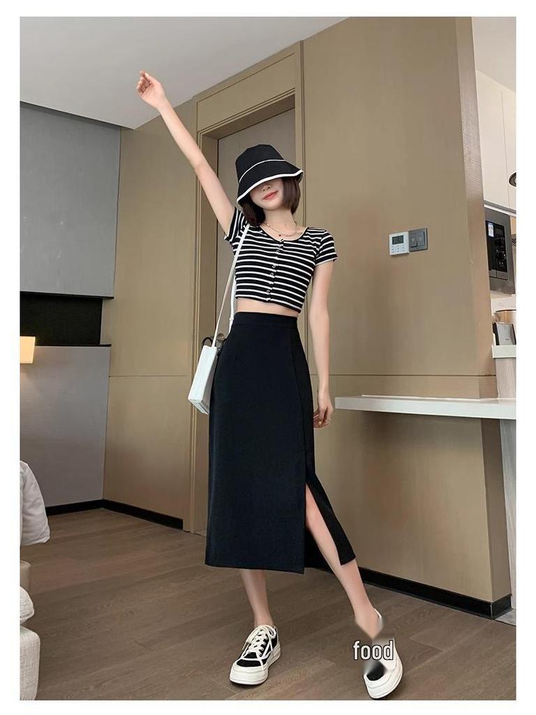 2024 Black A-Line Midi Skirt: High Waist, Slimming, Petite, Versatile for Women - Perfect for Spring/Summer