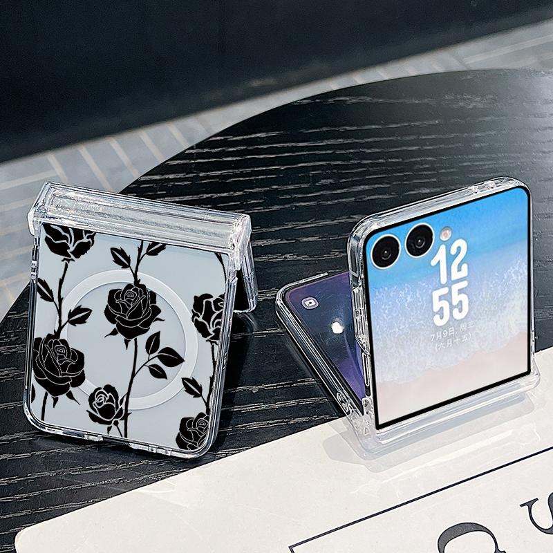 Retro Flowers Black Rose Print Case For Samsung Galaxy Z Flip 8 7 FE 6 5 Z Flip8 Flip7 Flip6 Magnetic Clear Hard PC Folding Phone Cover