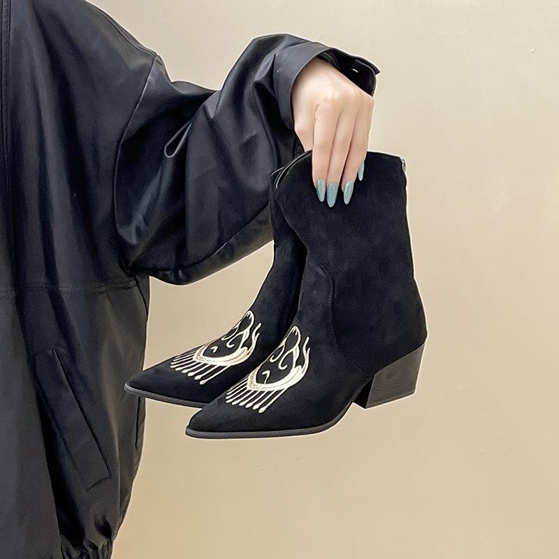 Fashion Pointed Print Leather Boots Thick Heel High Heel Sleeve Short Boots Women's Autumn and Winter Retro Suede Temperament Medium Tube Martin Boots