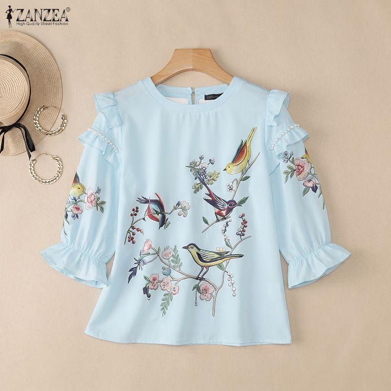 ZANZEA Women Casual Round Neck Loose Print 3/4 Sleeve Blouse