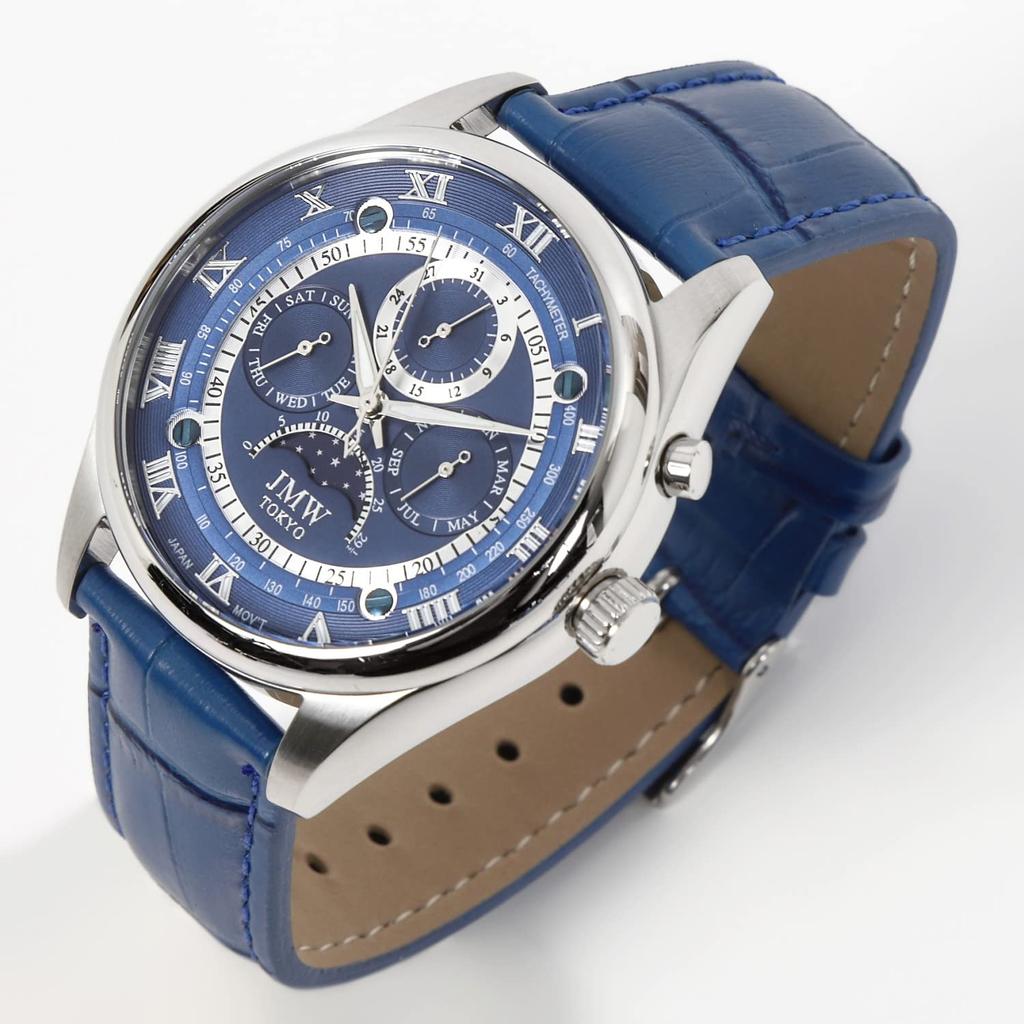 JMW TOKYO Moon Phase Watch 100m Water Genuine Leather Roman Blue Silver Limited Edition of 300 Perfect Day Gift Men's [Japanese Movement] Resistant,
