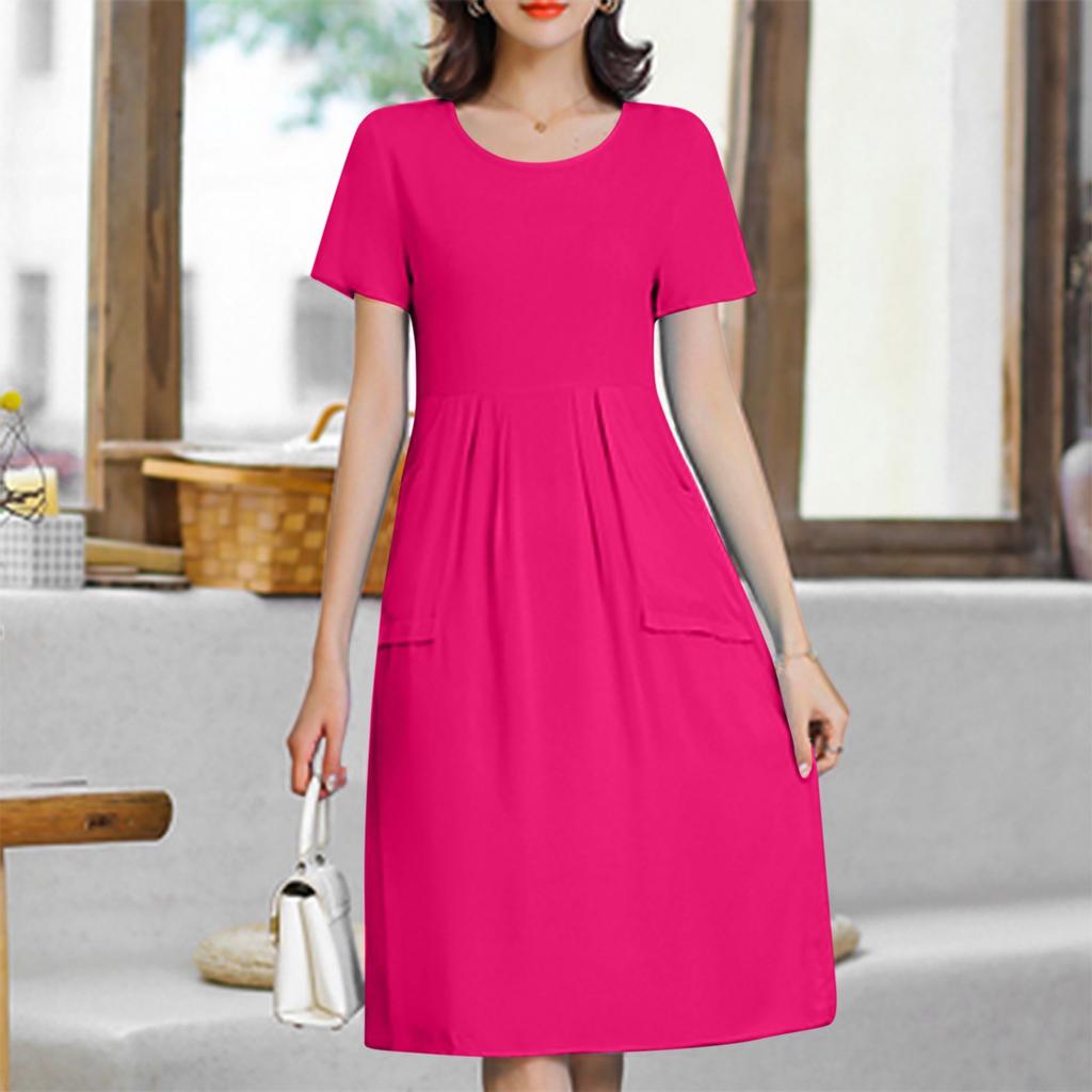 Women's Fashionable And Trendy Round Neck Loose Short Sleeved Solid Color Dress In Plus Size