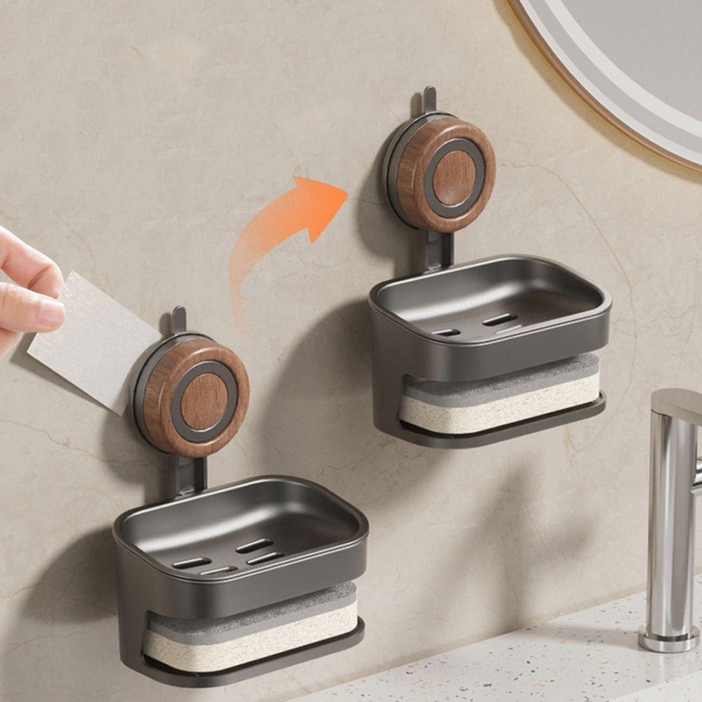 Plastic Double Layer Soap Rack Drill-Free Vacuum Suction Soap Dish Soap Sponge Holder Kitchen