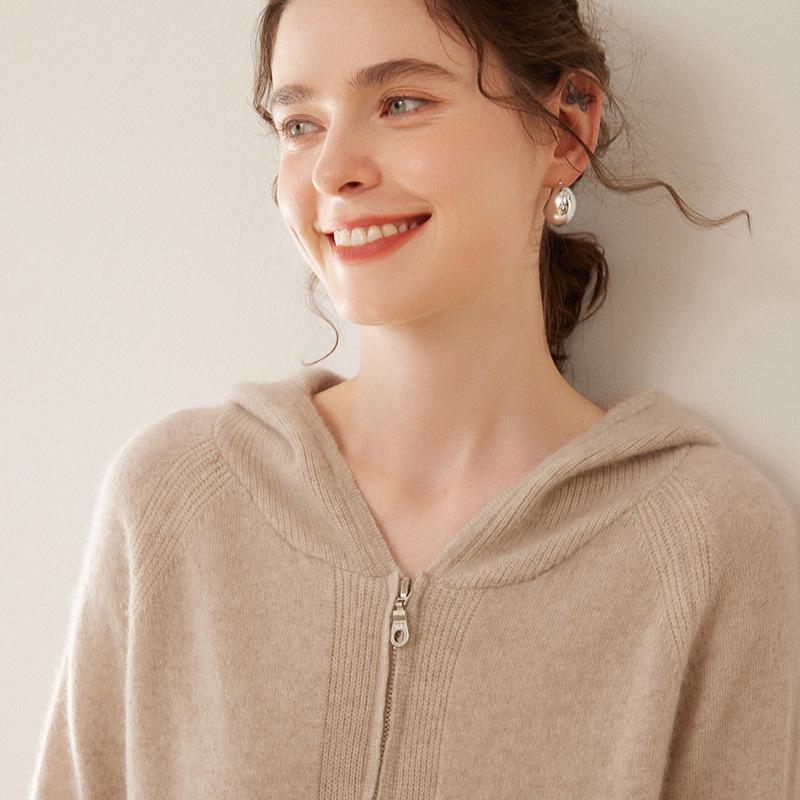 Women's Thickened Cashmere Hooded Cardigan Sweater - Loose Knit Zip-Up for Autumn and Winter