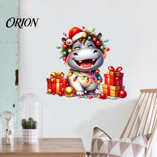 Hippo Wall Decals for Christmas Cartoon Decal, Cute Sticker with Colorful Lights & Versatile Cuttable Window Xmas Balls, Waterproof Mural Bedroom