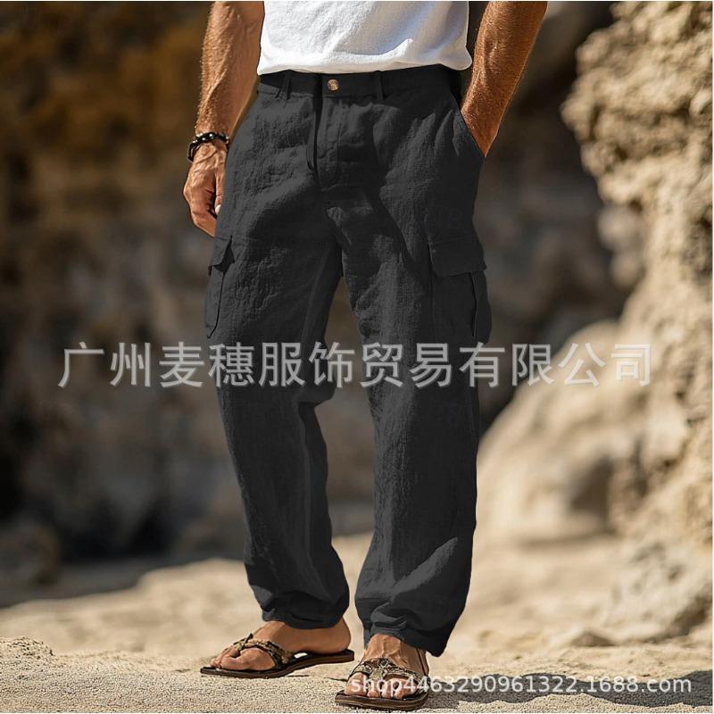 Men's linen trousers spring summer autumn trousers multi-pocket straight comfortable breathable full length outdoor daily