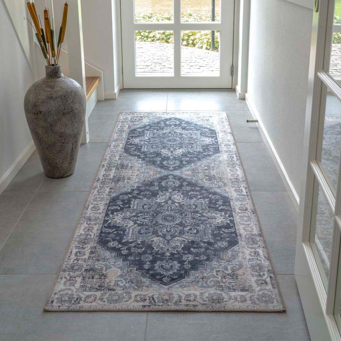 Tapis d'entrée vintage 80x200 cm en polyester bleu et beige - FAGUO