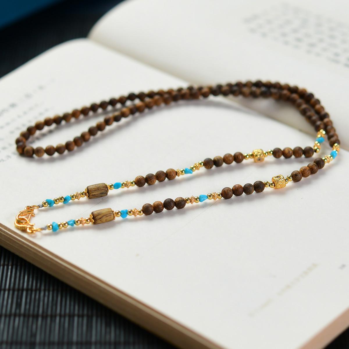 Natural Agarwood Green Qinan Turquoise 925 Silver Necklace Bracelet Combo (No Oil Injection) 4mm