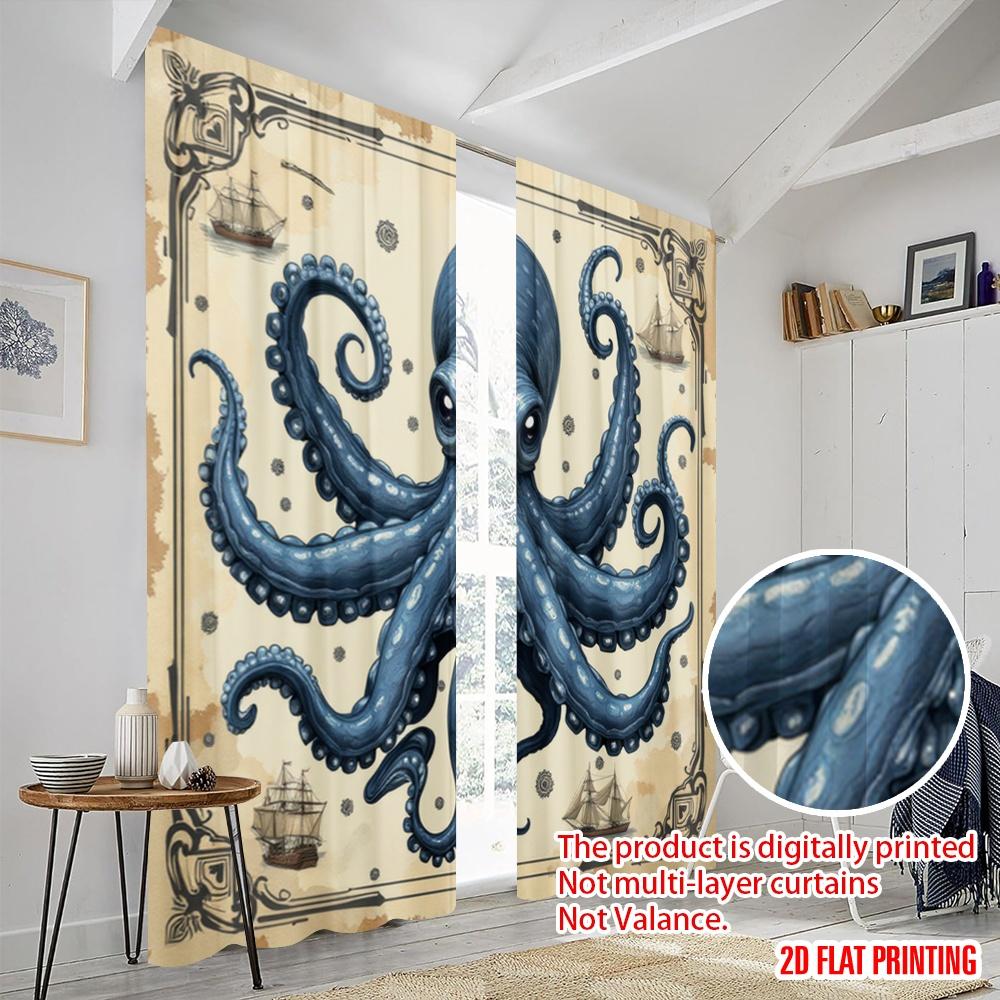 2pcs,2D Plane Printing Print Curtains Nautical Kraken Versatile Fabric (without Rod) All Seasons Use for Living Room, Office,