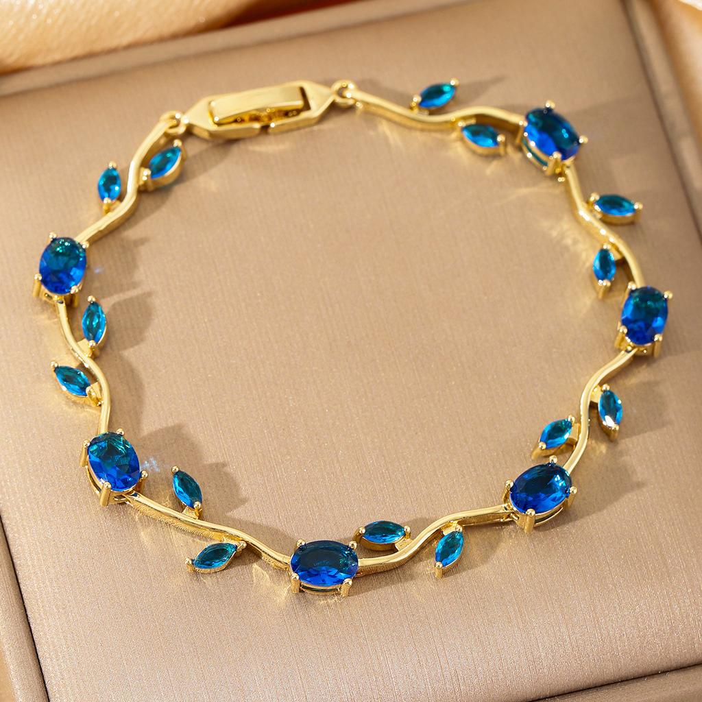 Luxury Gold-Plated Copper Zircon Leaf Bracelet, High Quality Jewelry
