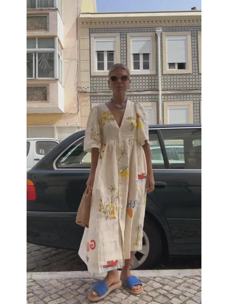 Bedrucktes Kleid mit V-Ausschnitt und kurzen Ärmeln – Frühjahr/Sommer 2024, europäischer und amerikanischer Stil