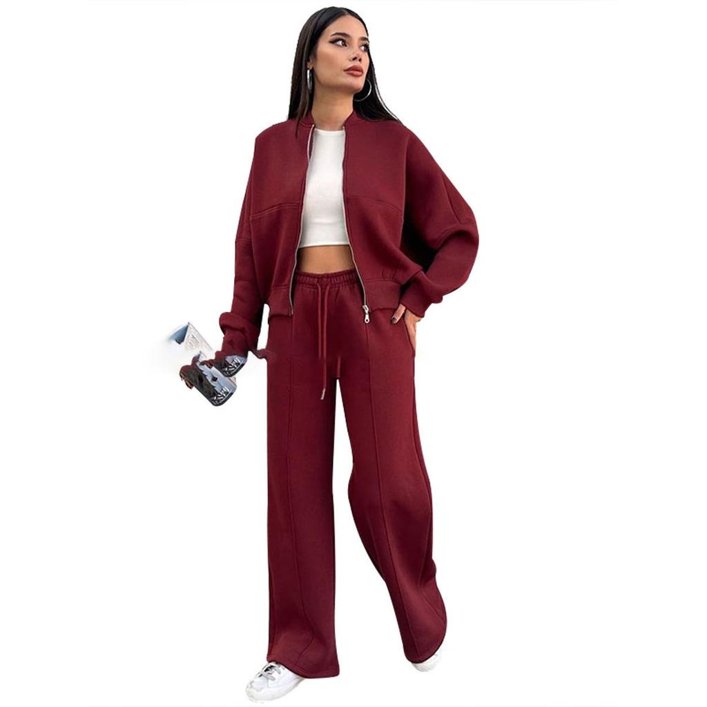 Damen Trainingsanzug 2-teiliges Set Mode Langarm Reißverschlussjacke Lässig Einfarbiges Sweatshirt Gerades Hosenanzug Damen Herbst Sportbekleidung