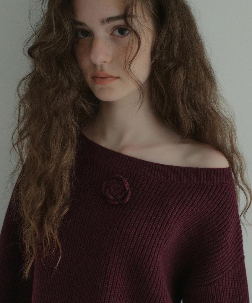 OURNOSTALGIA Rosette Off-Shoulder Knit_Burgundy(Ocb6Kn03)
